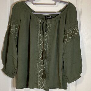 Papa Vancouver Women's Top Blouse With Embroidery Boho Peasant Olive Green